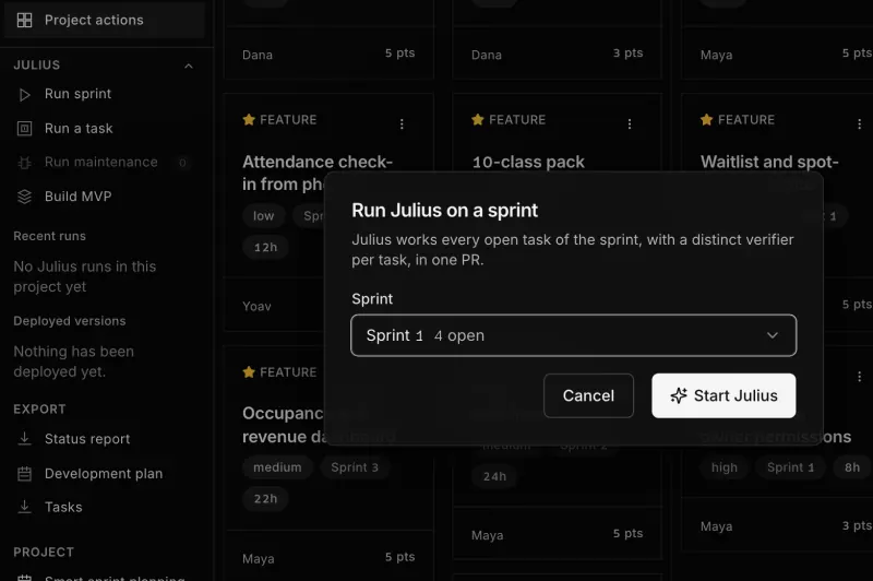 An example project’s task board with the “Run Julius on a sprint” dialog