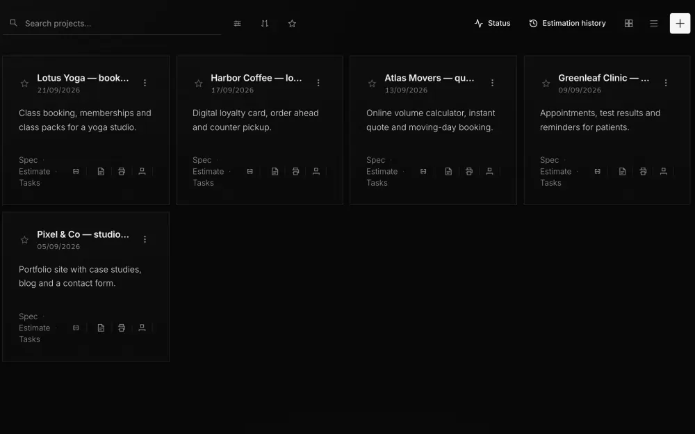 The project list in Mifrat with five client projects — example data