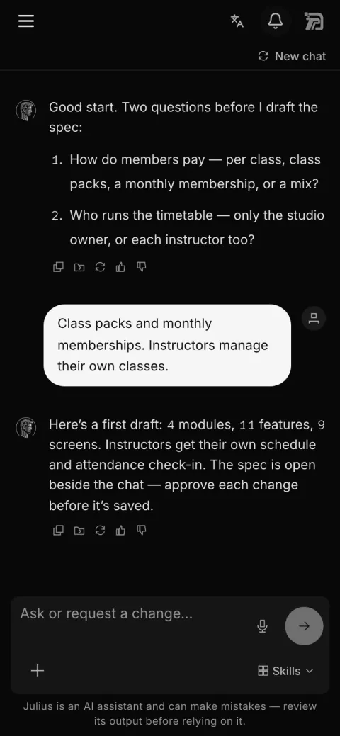 Mifrat specification chat on mobile — example project