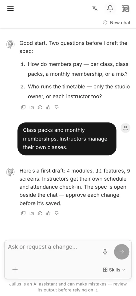Mifrat specification chat on mobile — example project