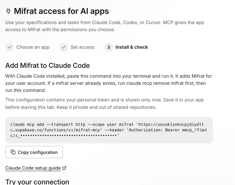 The “Mifrat access for AI apps” settings screen with the Claude Code connect command